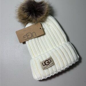 UGG Off-White Beanie with Faux Fur Pom-Pom